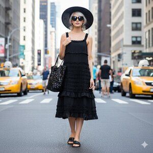 NWOT Woolworths black ruffle detailed sleeveless cotton midi dress, 14